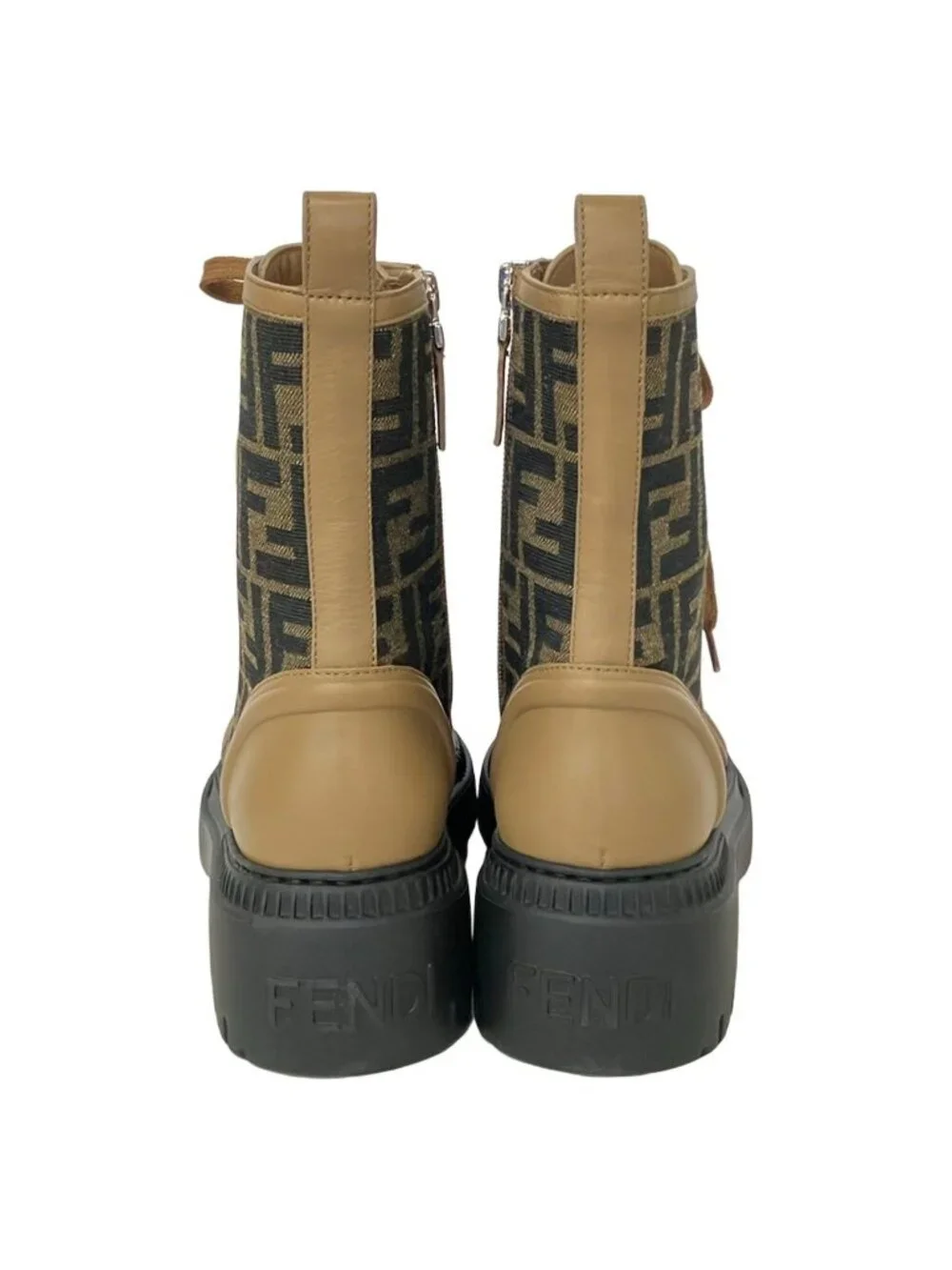 Fendi Short Boots 36 Khaki Light Brown Black Zucca Pattern Leather